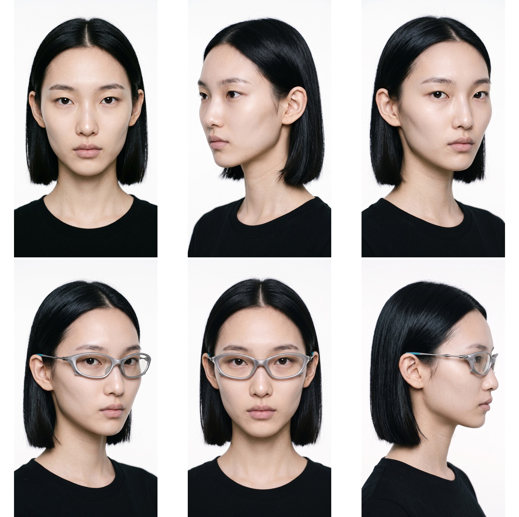 Three portraits without eyewear in the first row and three portraits with eyewear in the second row