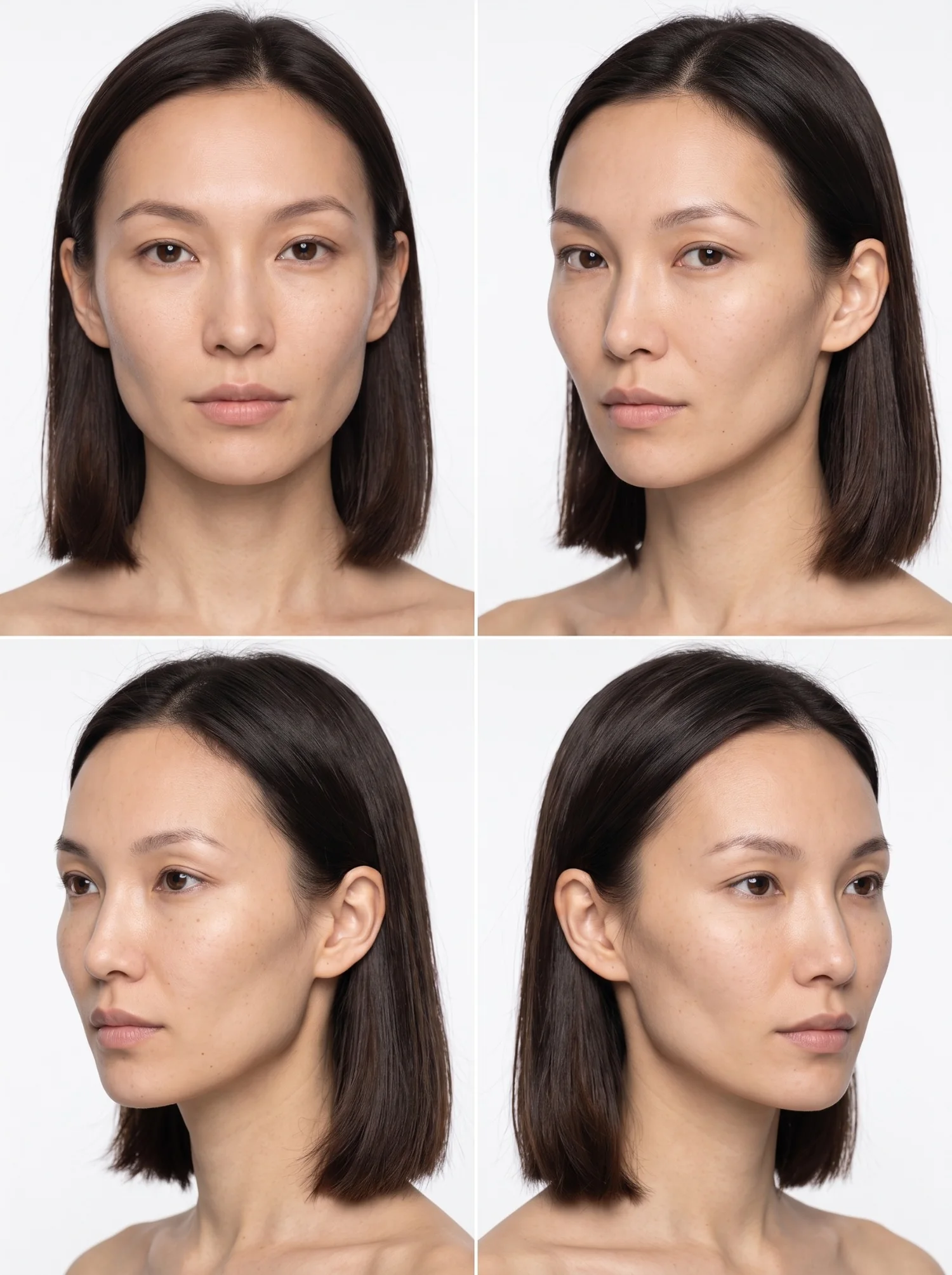 Four angles of one AI model in a single original contact sheet