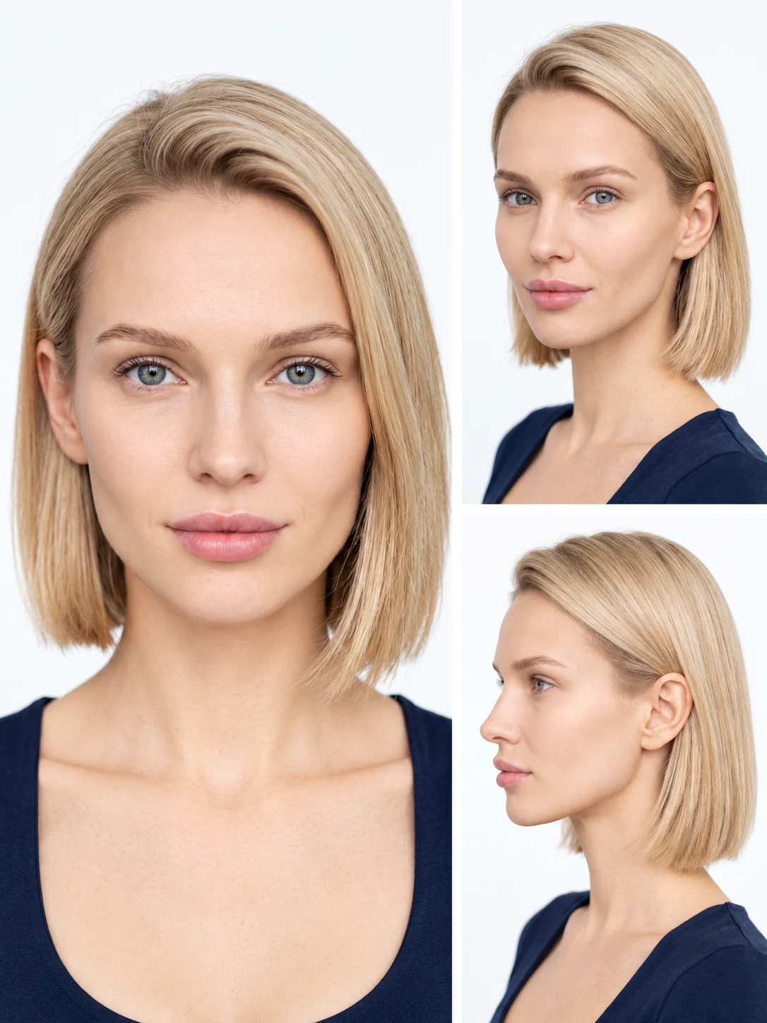 Three-angle portrait sheet of a blonde bob AI model