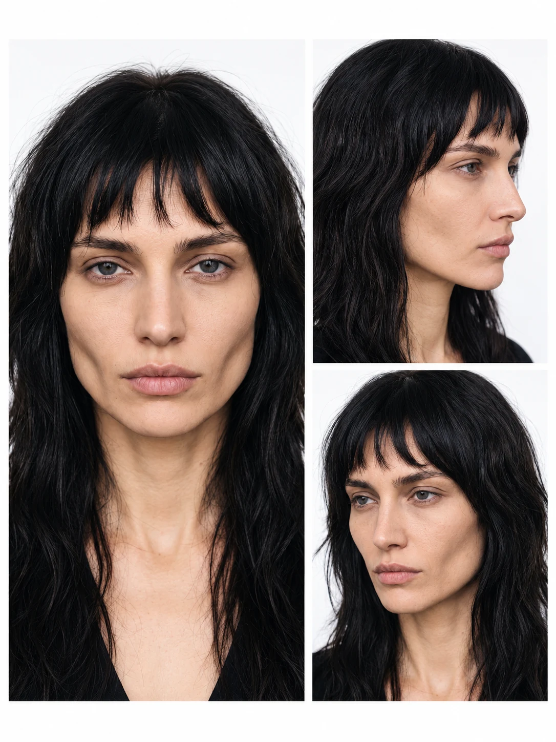 Three-angle portrait sheet of a dark-haired AI model
