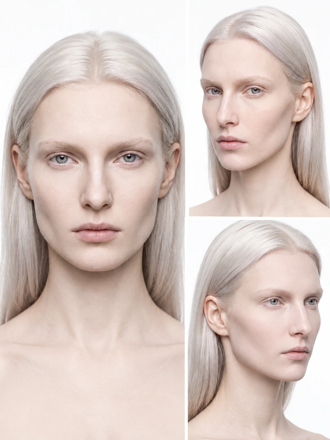 Three-angle portrait sheet of a pale platinum AI model