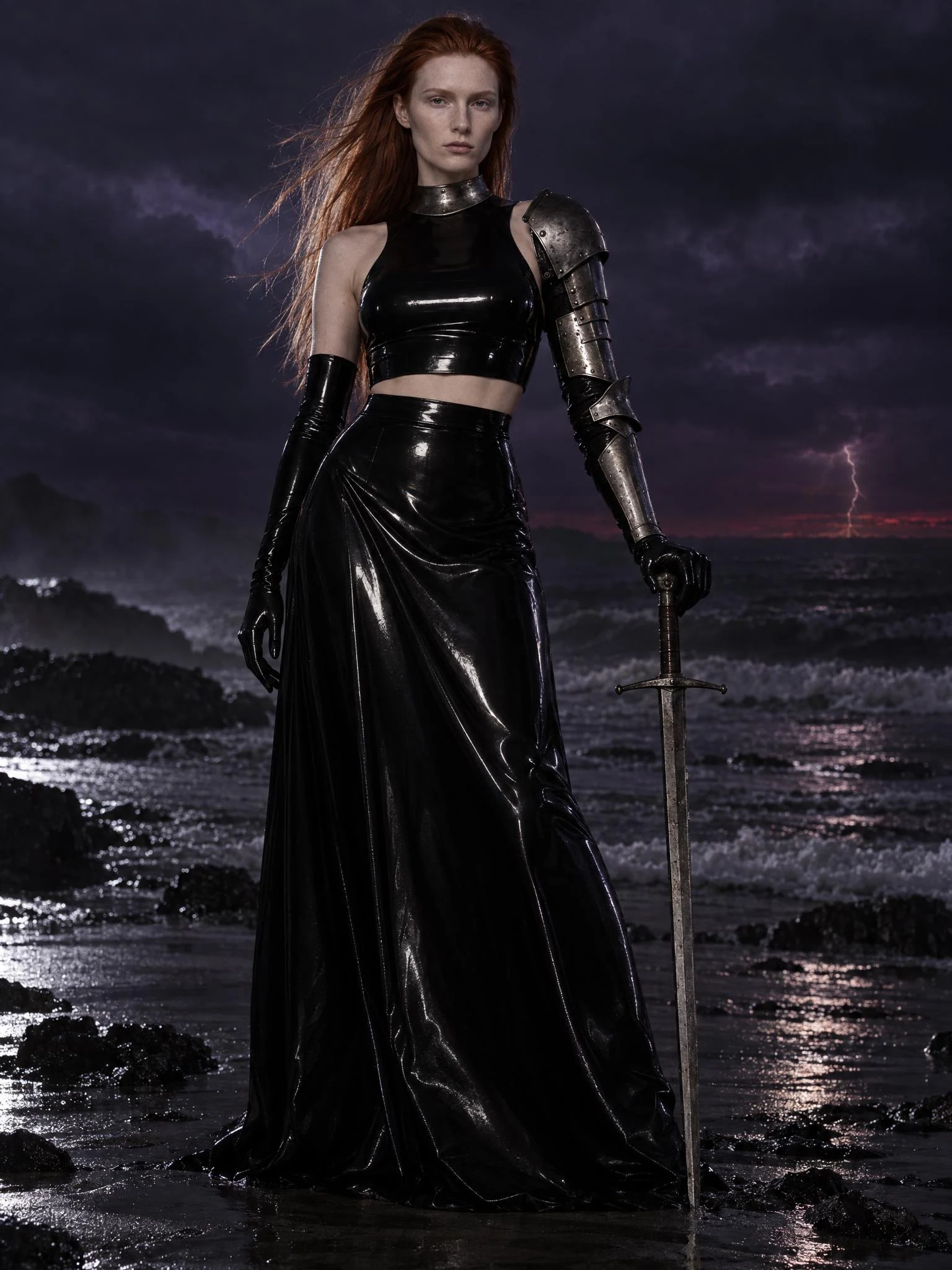 Red-haired model with sword, full-length portrait