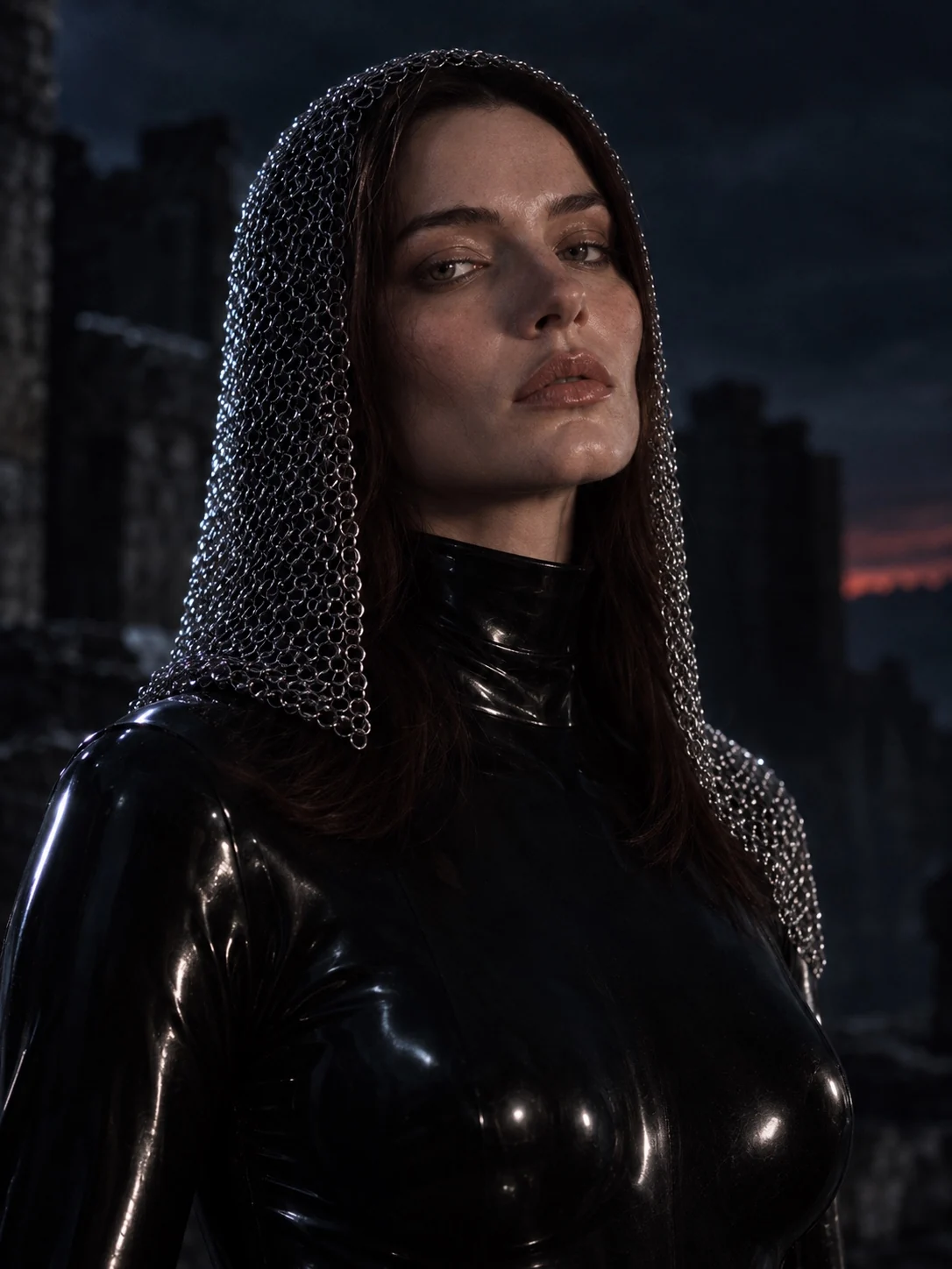 Dark-haired model in chainmail, portrait
