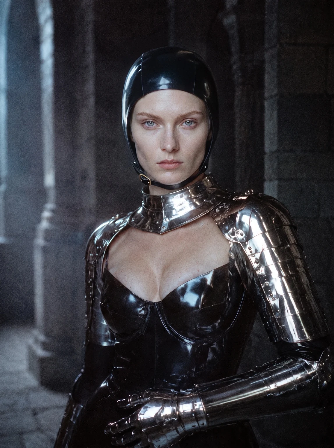 Model in chrome armour, frontal portrait