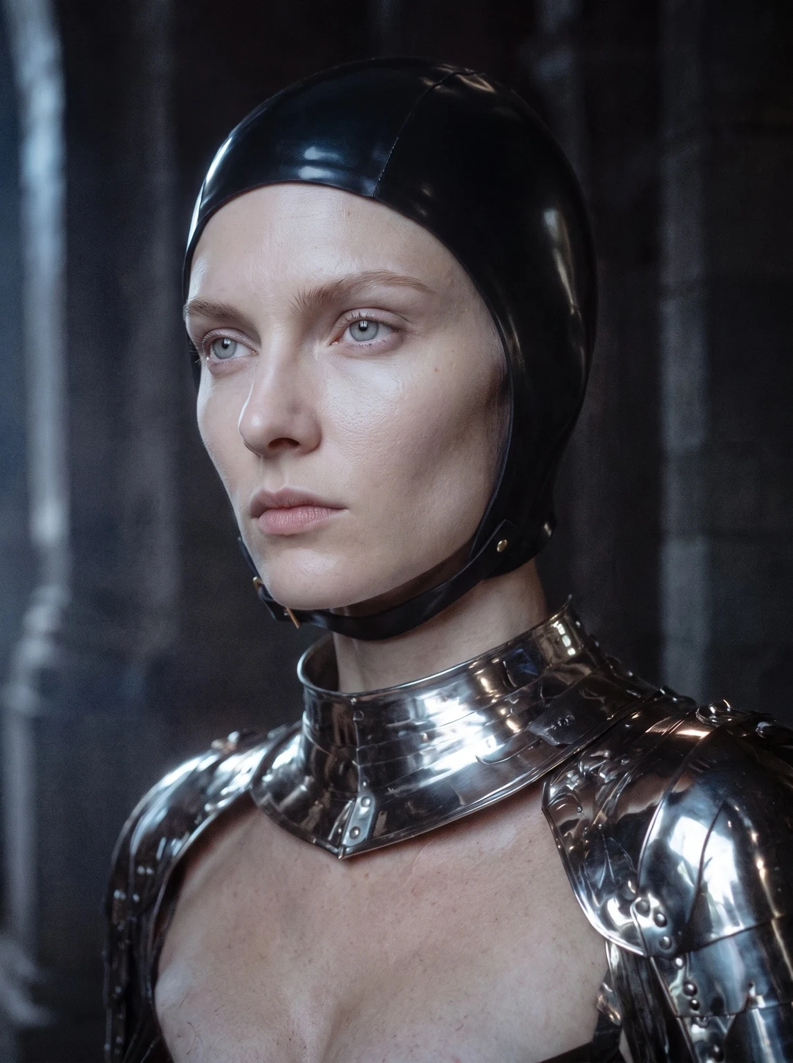 Model in chrome armour, three-quarter portrait