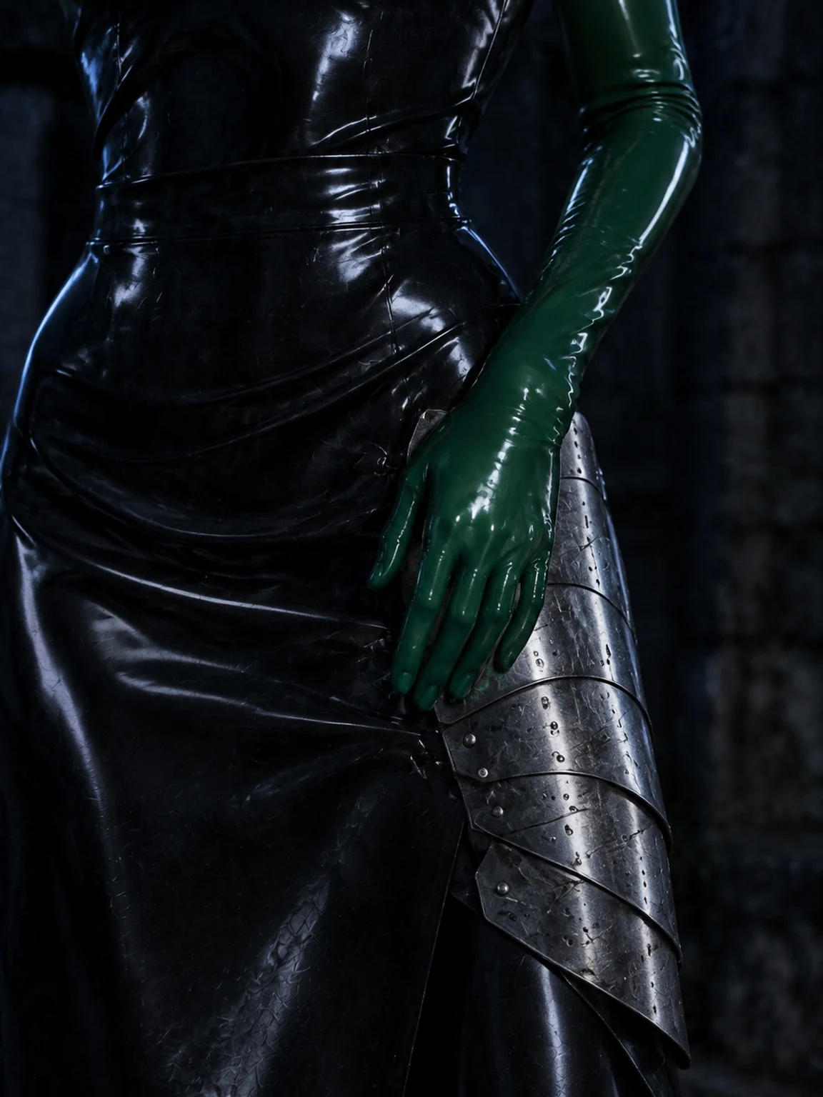 Detail of green glove, latex and metal armour