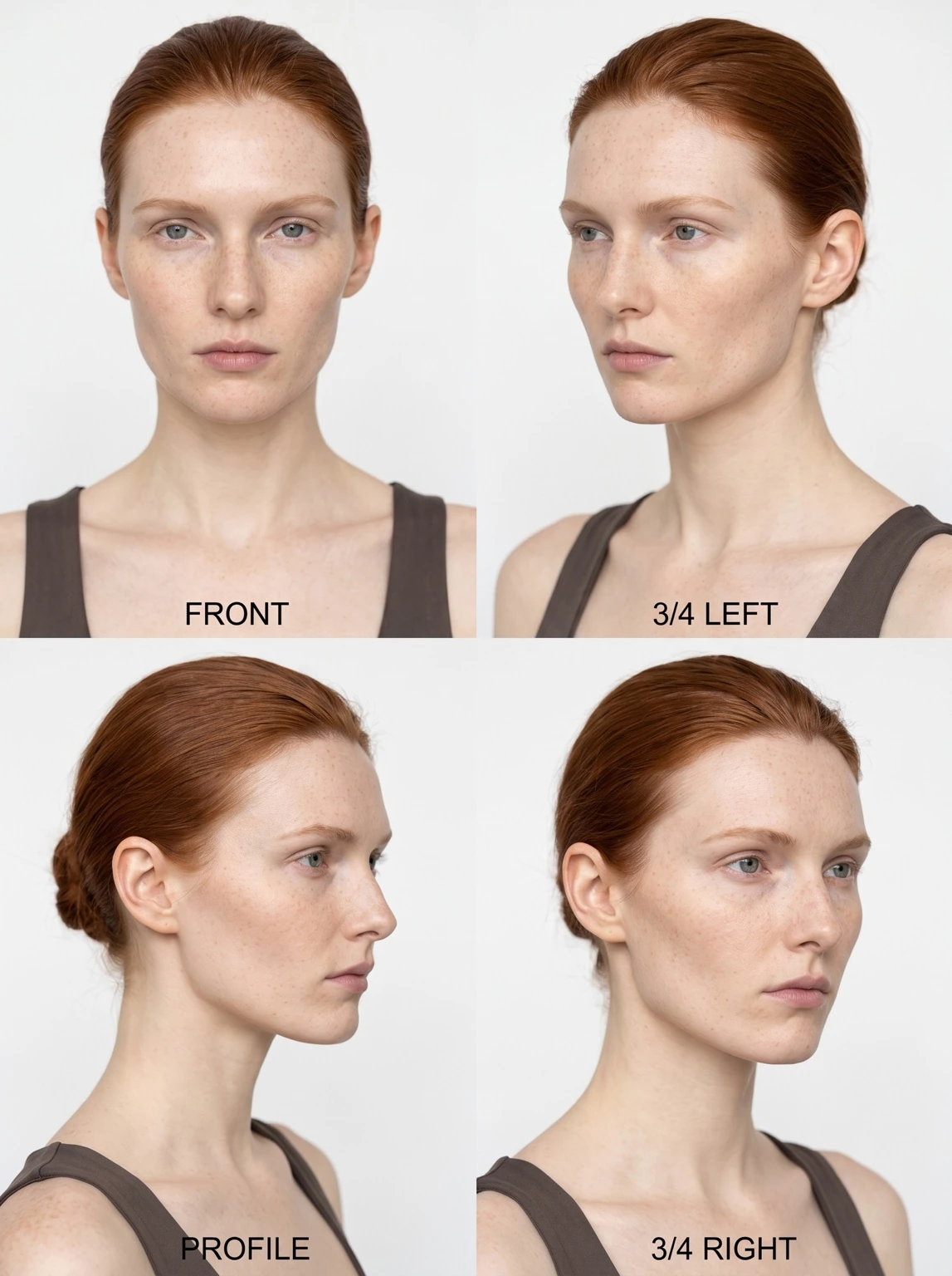 Model 01 — red-haired character, four reference angles