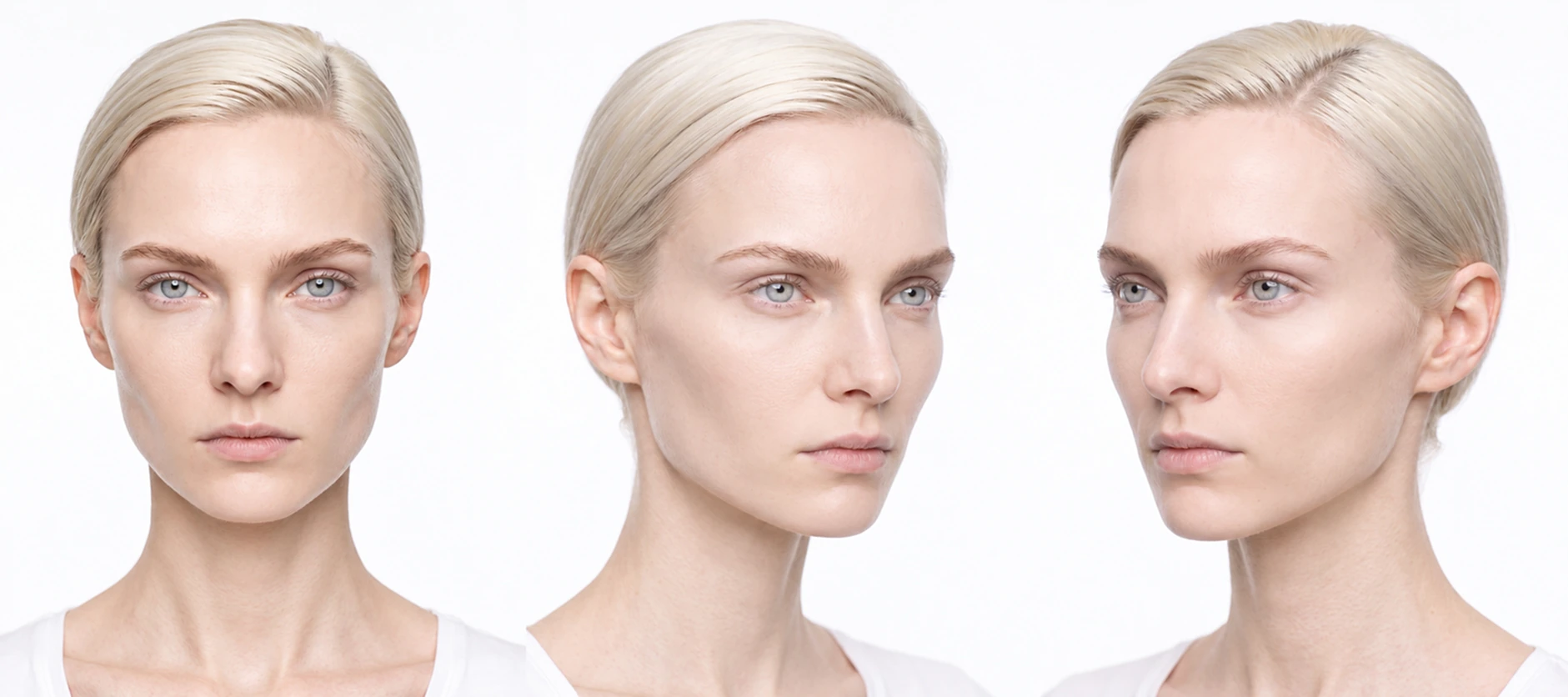 Model 02 — blonde character, three reference angles