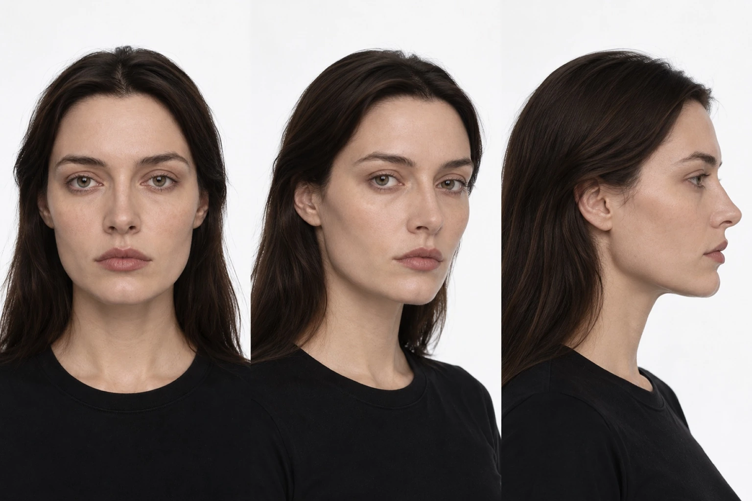 Model 03 — brunette character, three reference angles