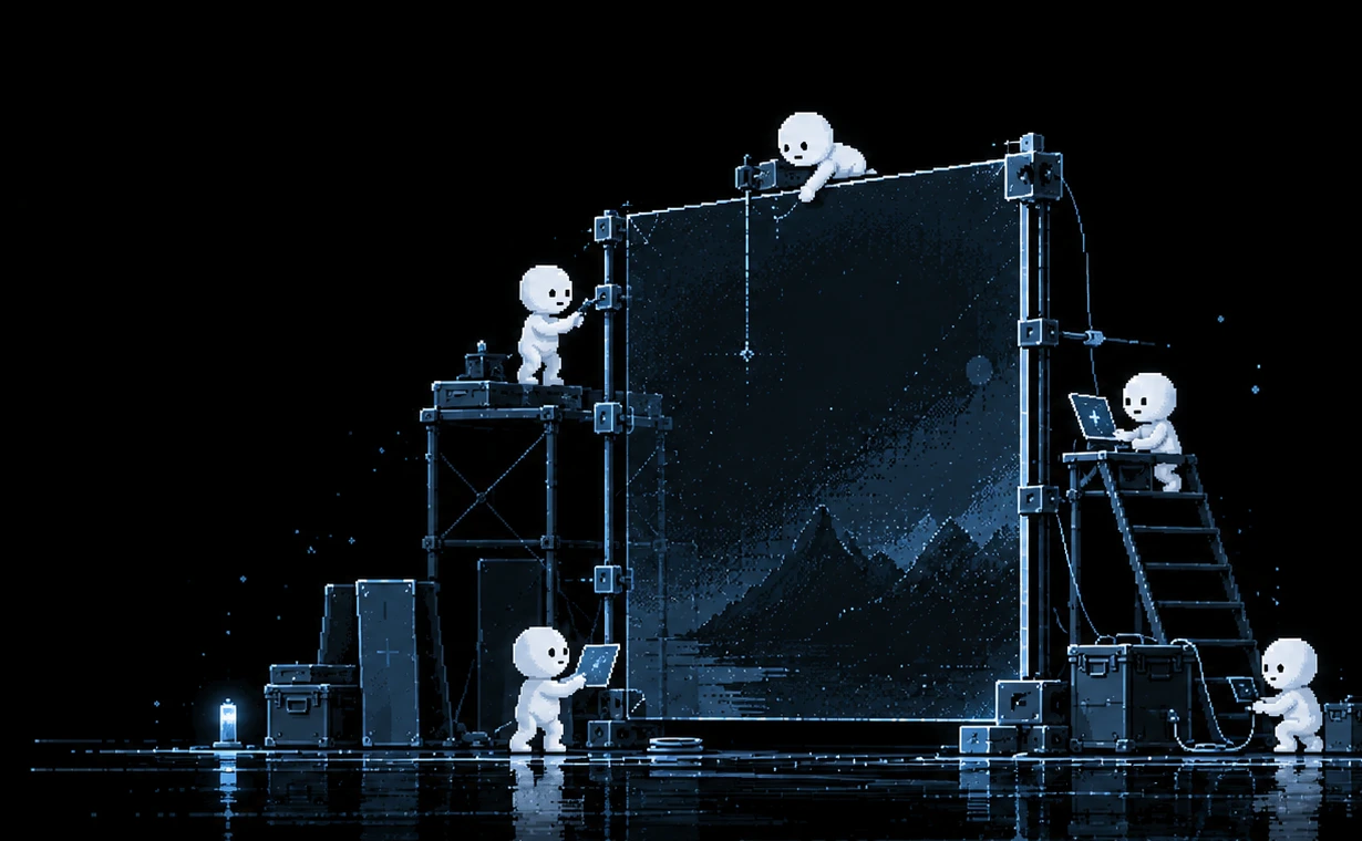 Pixel-art workers assembling a digital panel